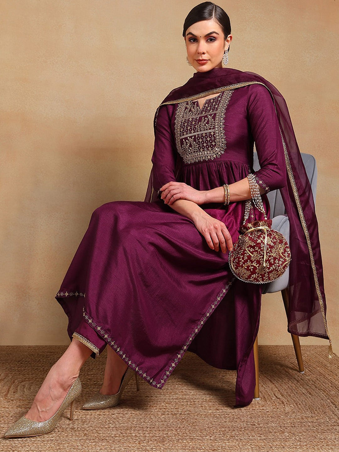 Women Purple Silk Blend Solid Yoke Design Flared Empire Kurta Trouser With Dupatta