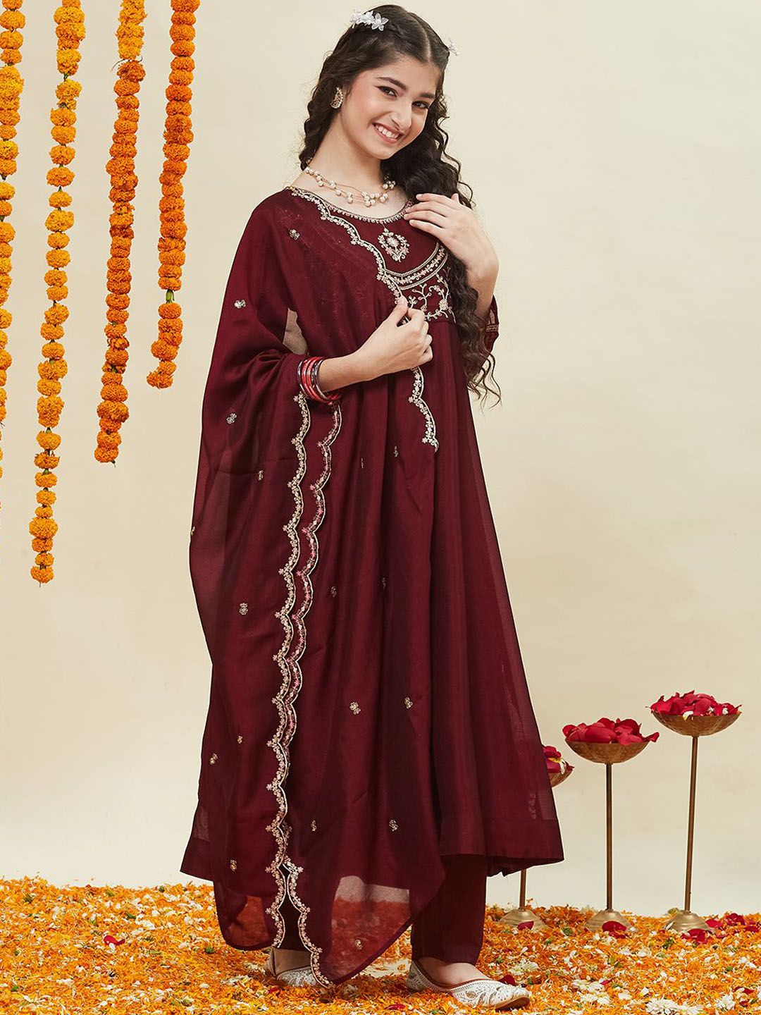 Girls Silk Embroidered Anarkali Kurta and Pant Set with Dupatta