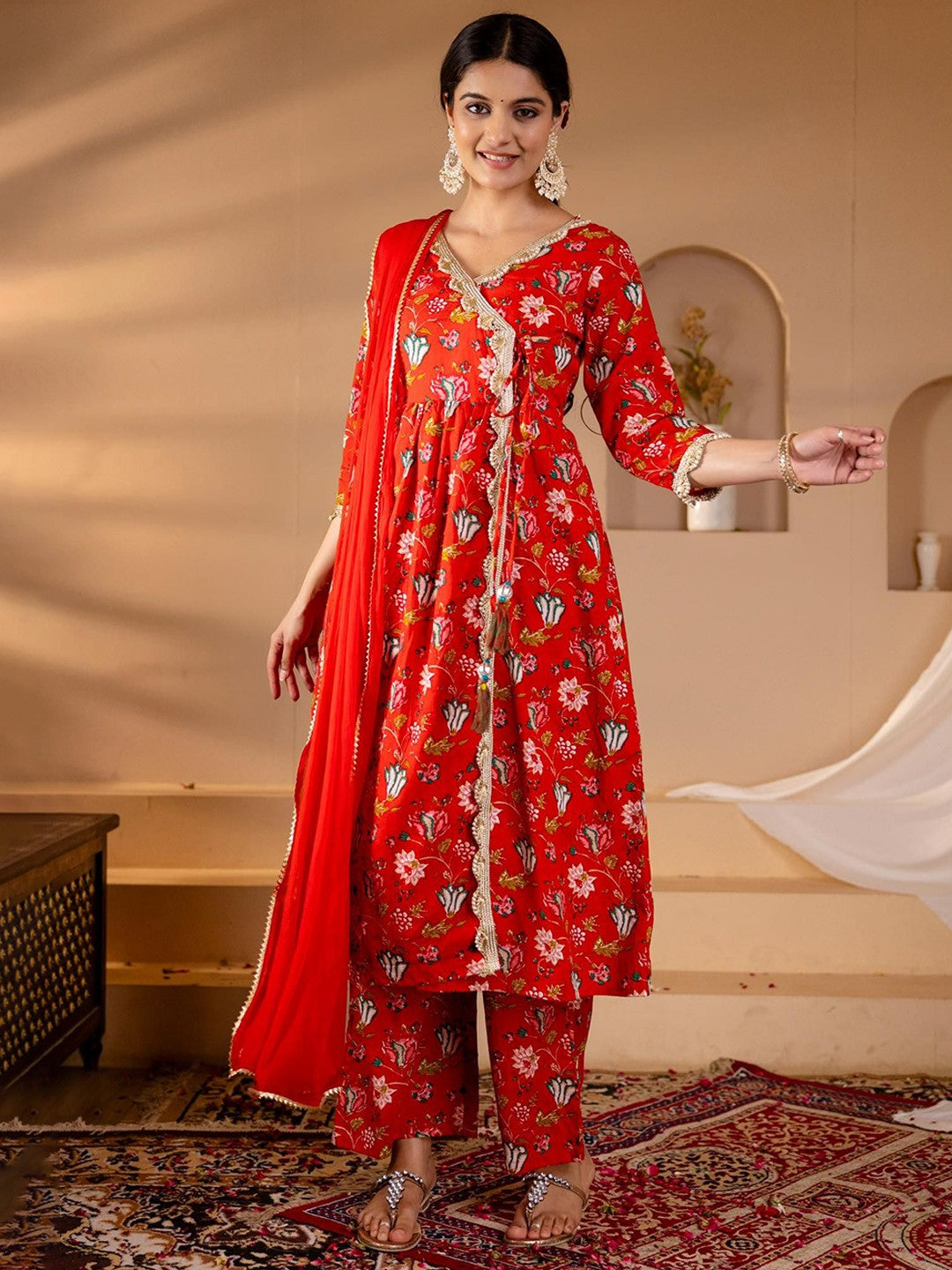 Floral Printed Angrakha Gotta Patti Pure Cotton Kurta with Palazzos & Dupatta