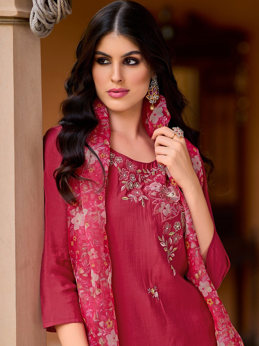 Floral Embroidered Straight Kurta with Trousers & Dupatta