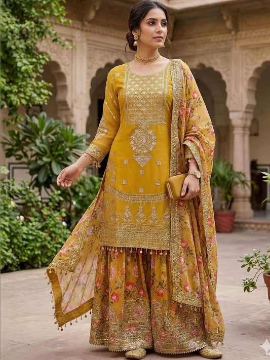 Women Floral Embroidered Regular Kurta with Sharara & With Dupatta