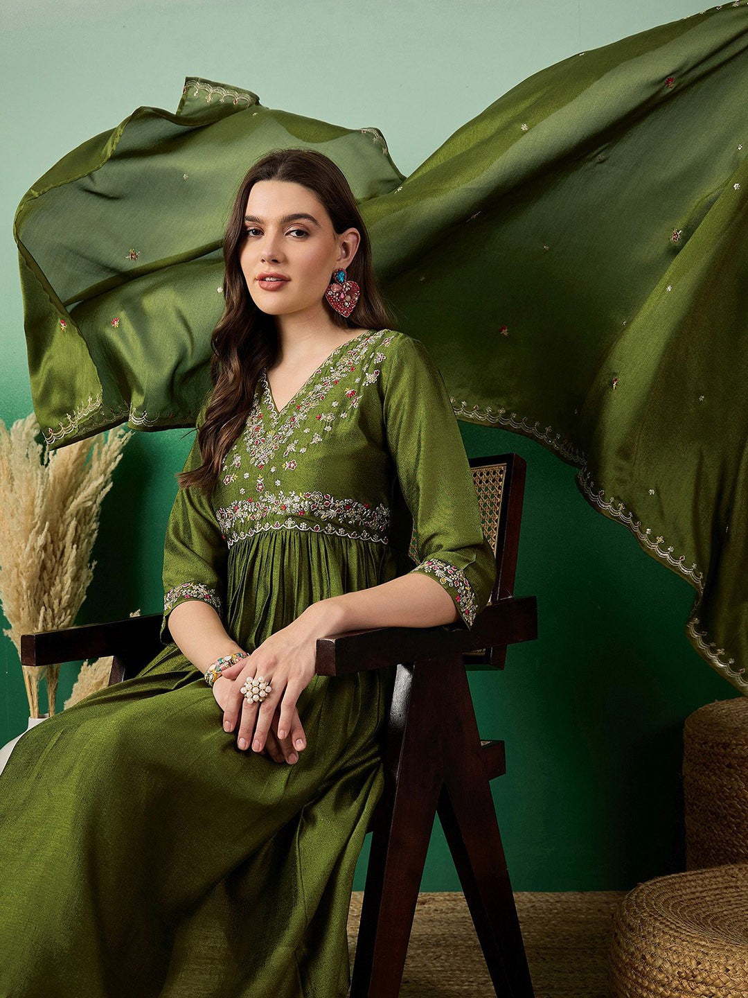 Floral Embroidered A-Line Kurta With Palazzo & Dupatta