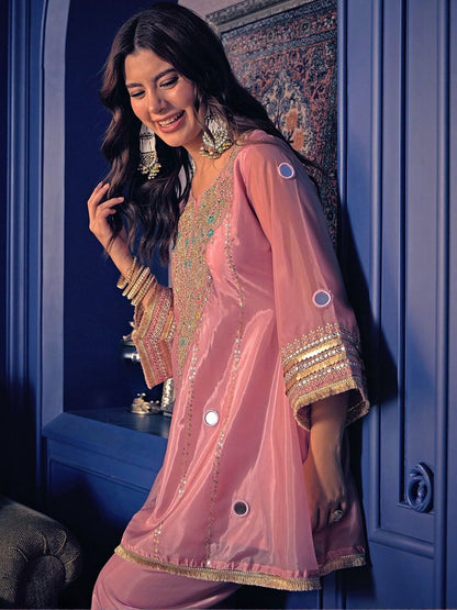 Embroidered Zari Mirror Work Ethnic Motifs Empire Kurta Trouser Set