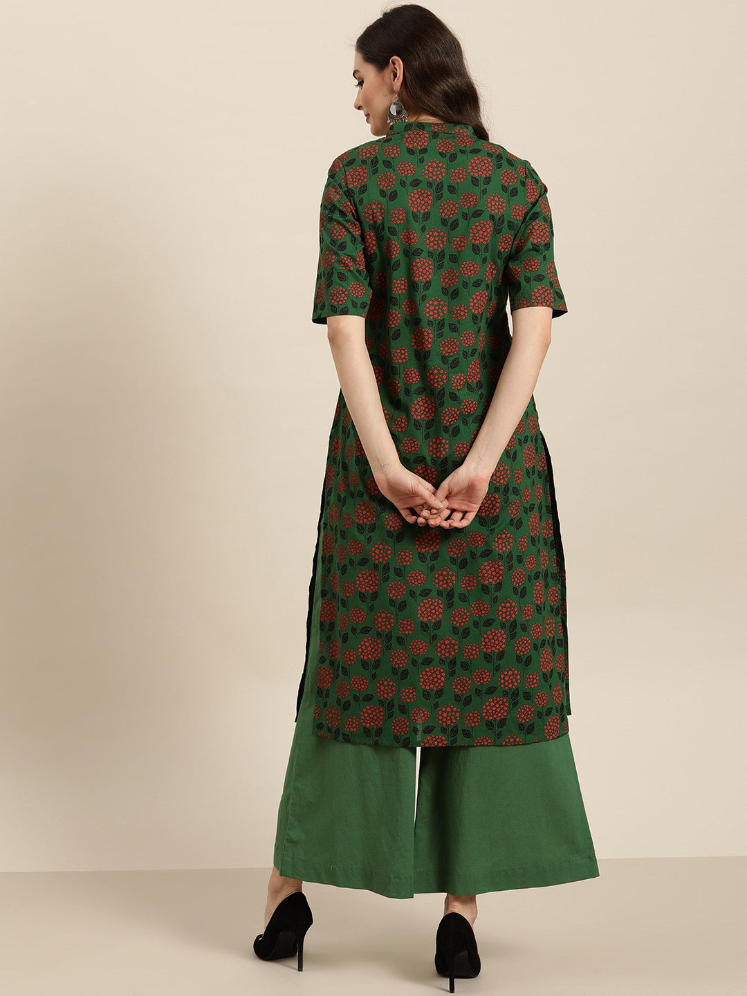 Women Green & Red Pure Cotton Printed Kurta with Palazzos