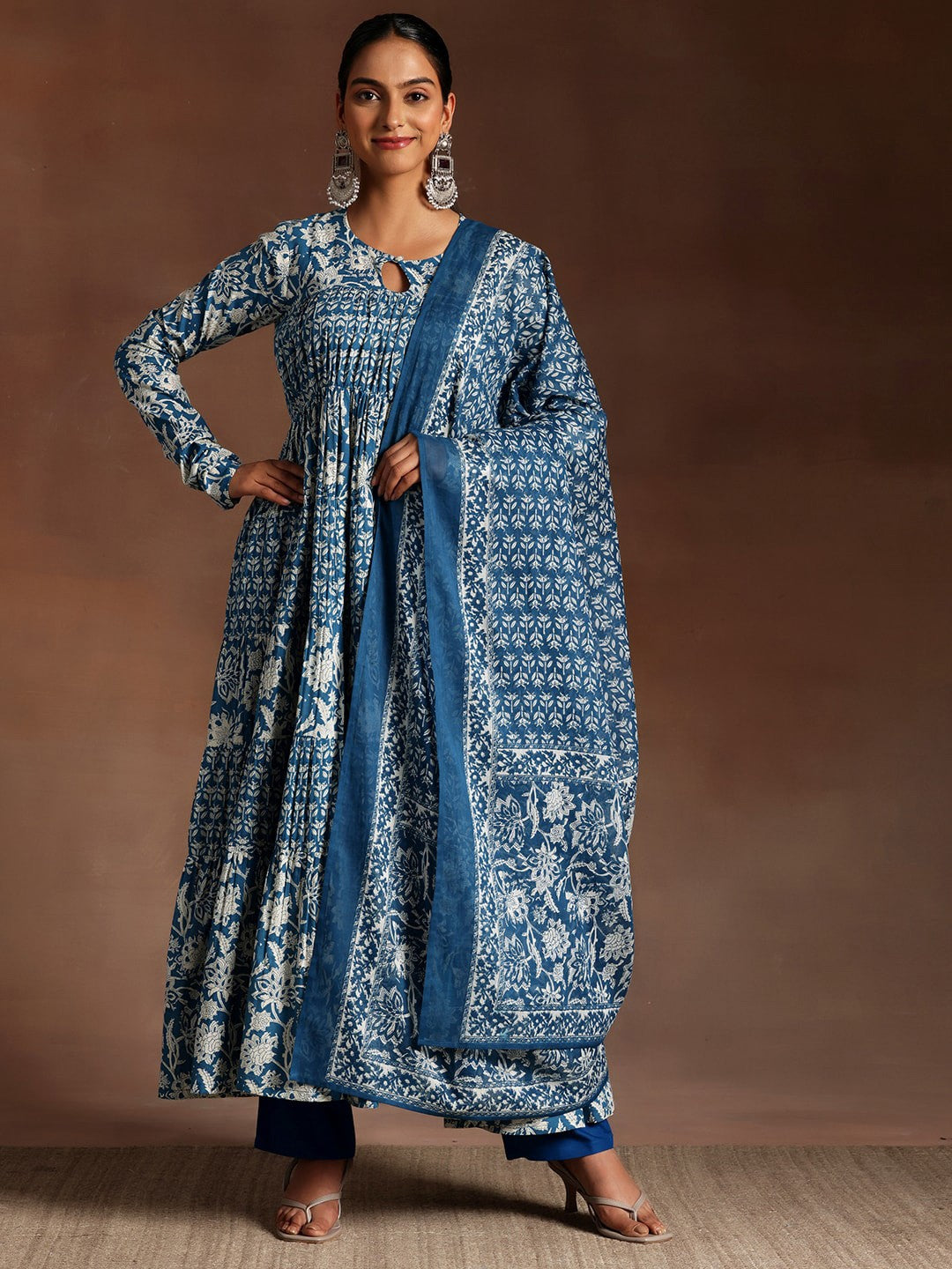 Floral Printed Panelled Pure Cotton Anarkali Kurta with Trousers & With Dupatta