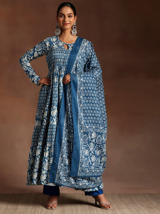 Floral Printed Panelled Pure Cotton Anarkali Kurta with Trousers & With Dupatta