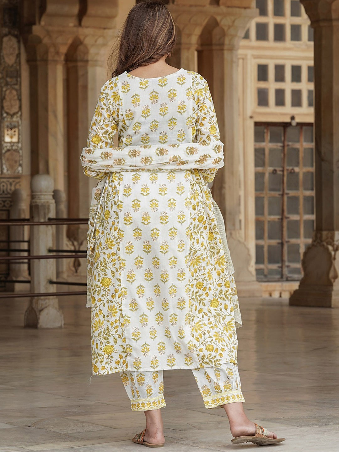 Floral Printed Mirror Work A-Line Pure Cotton Kurta with Trousers & Dupatta