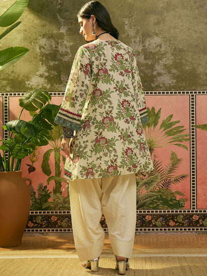 Women Red Floral Printed & Embroidered Cotton A-Line Kurti With Farshi Salwar