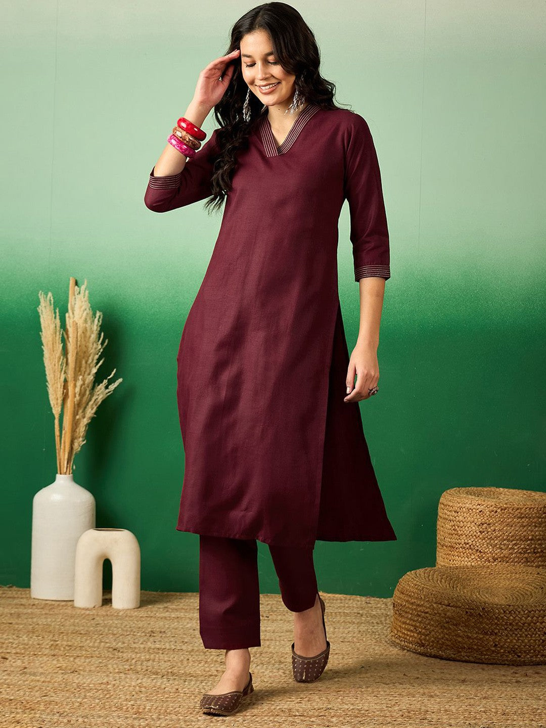 Maroon V-Neck Thread Work Straight Kurta With Trouser