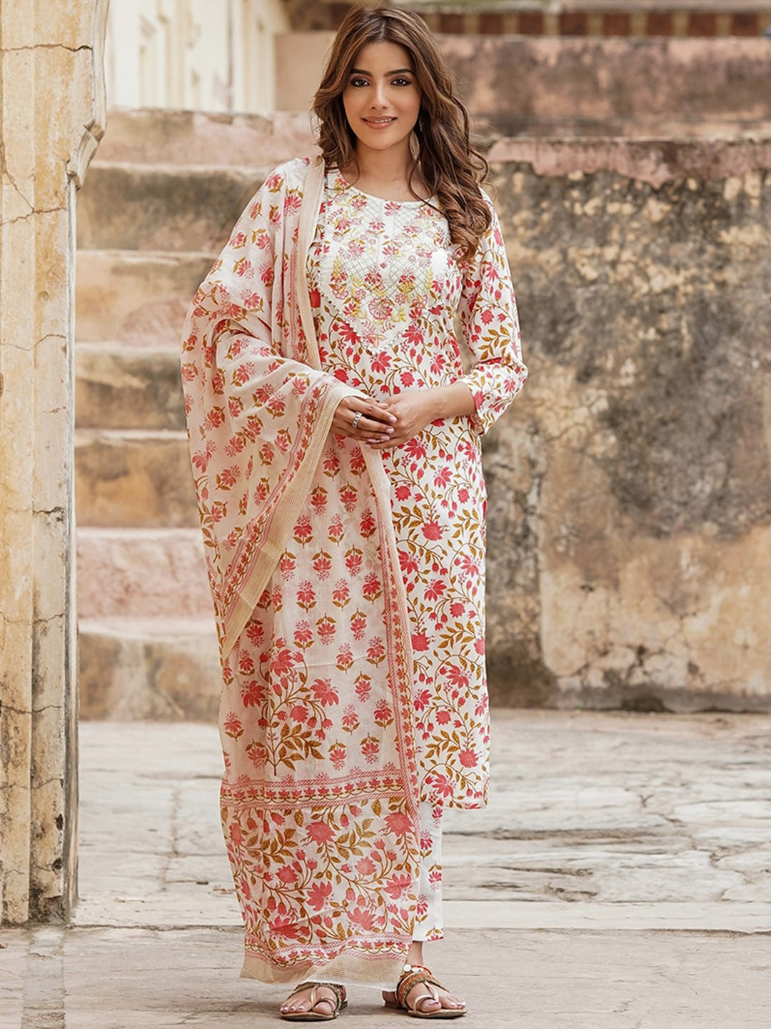 Floral Embroidered Thread Work Pure Cotton Kurta with Trousers & Dupatta