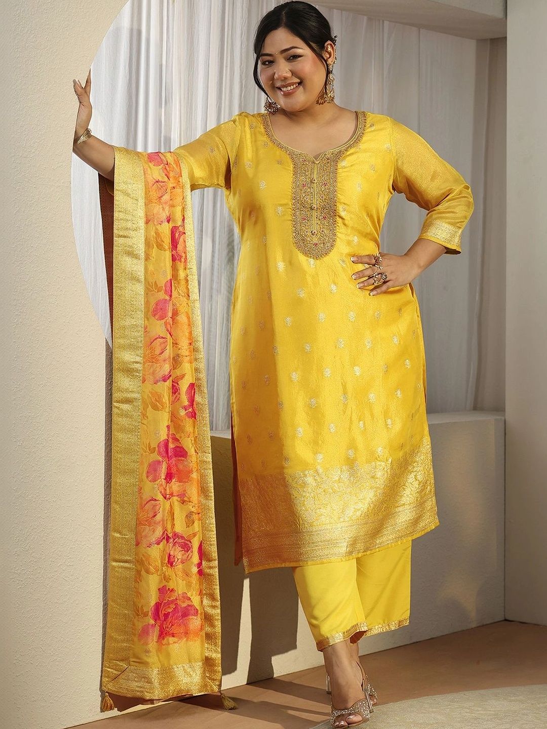 Women Ethnic Motifs Embroidered Regular Chanderi Silk Kurta with Trousers & With Dupatta