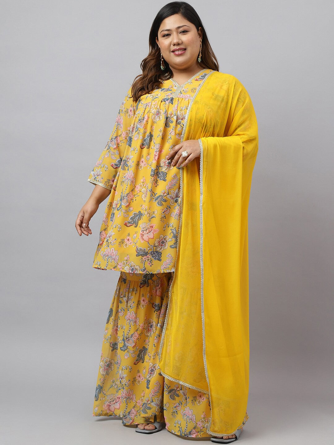 Plus Size Floral Printed Gotta Patti Kurta With Sharara & Dupatta