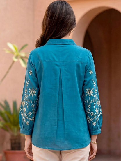 Women Shirt Collar Embroidered Ethnic Tunic