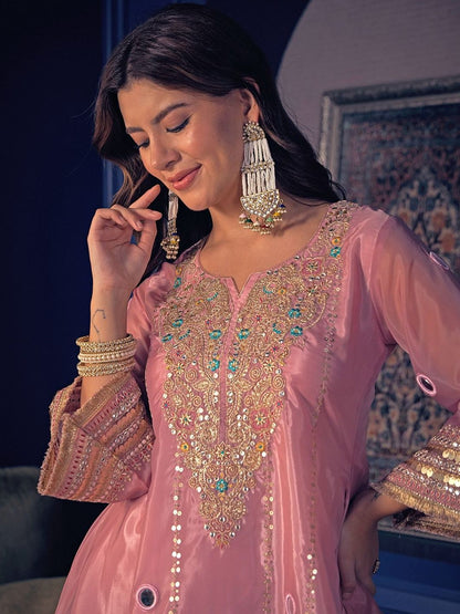 Embroidered Zari Mirror Work Ethnic Motifs Empire Kurta Trouser Set