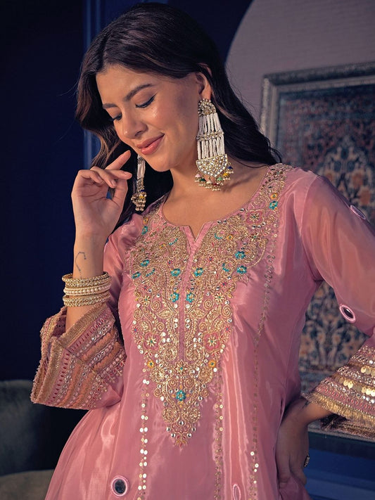 Embroidered Zari Mirror Work Ethnic Motifs Empire Kurta Trouser Set