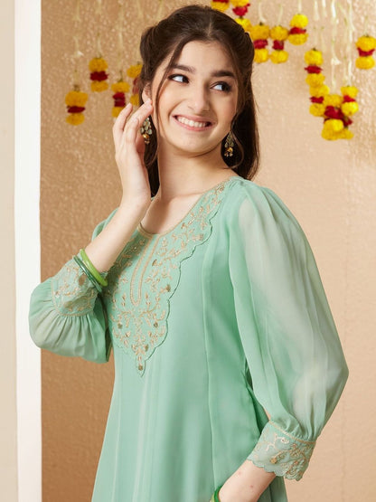 Girls Georgette Embroidered Kurta with Sharara Set