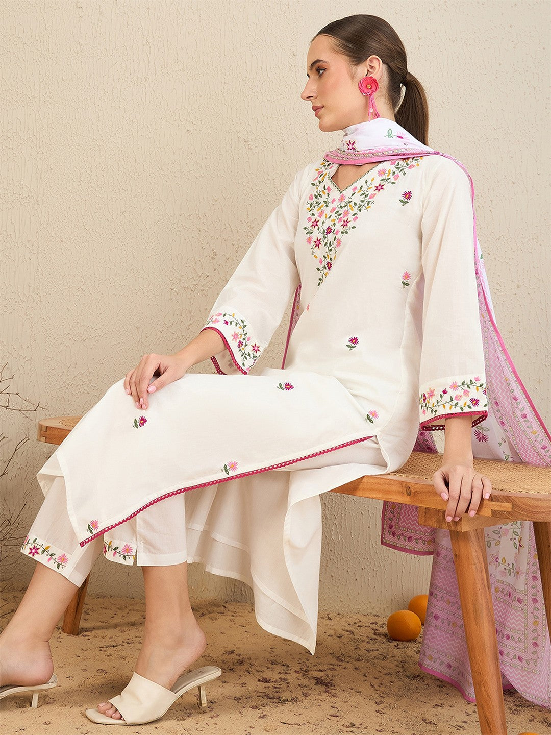 Floral Embroidered Thread Work Pure Cotton Straight Kurta With Trousers & Dupatta