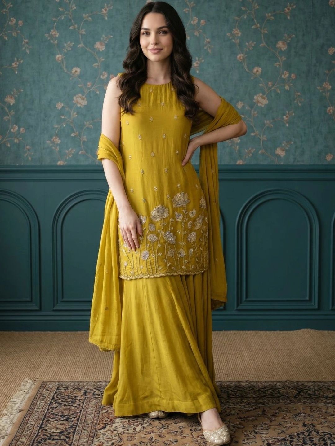 Women Floral Embroidered Regular Thread Work Kurta with Sharara & With Dupatta