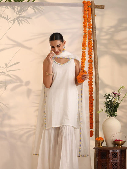 Women Ethnic Motifs Embroidered Regular Thread Work Pure Cotton Kurta with Sharara & With Dupatta