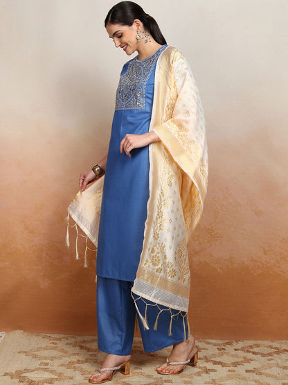 Women Embroidered Straight Kurta With Palazzo & Dupatta