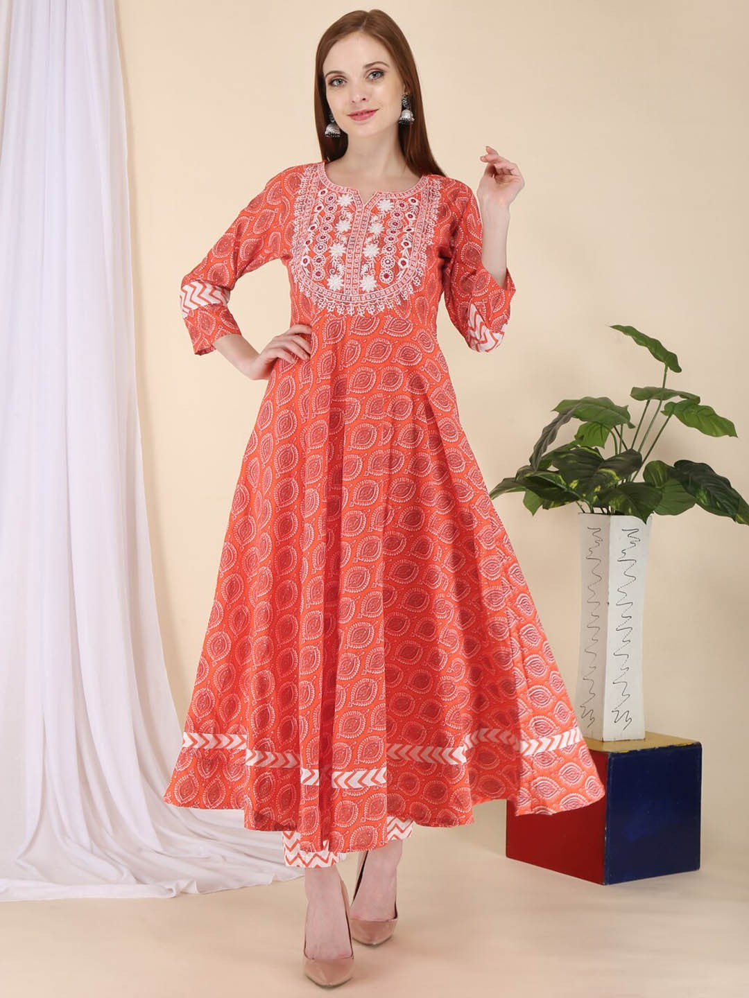 Women Peach-Coloured Ethnic Motifs Embroidered Mirror Work Pure Cotton Kurta with Trousers & With Dupatta