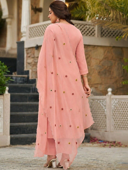 Women Floral Embroidered Regular Thread Work Raw Silk Kurta with Palazzos & With Dupatta