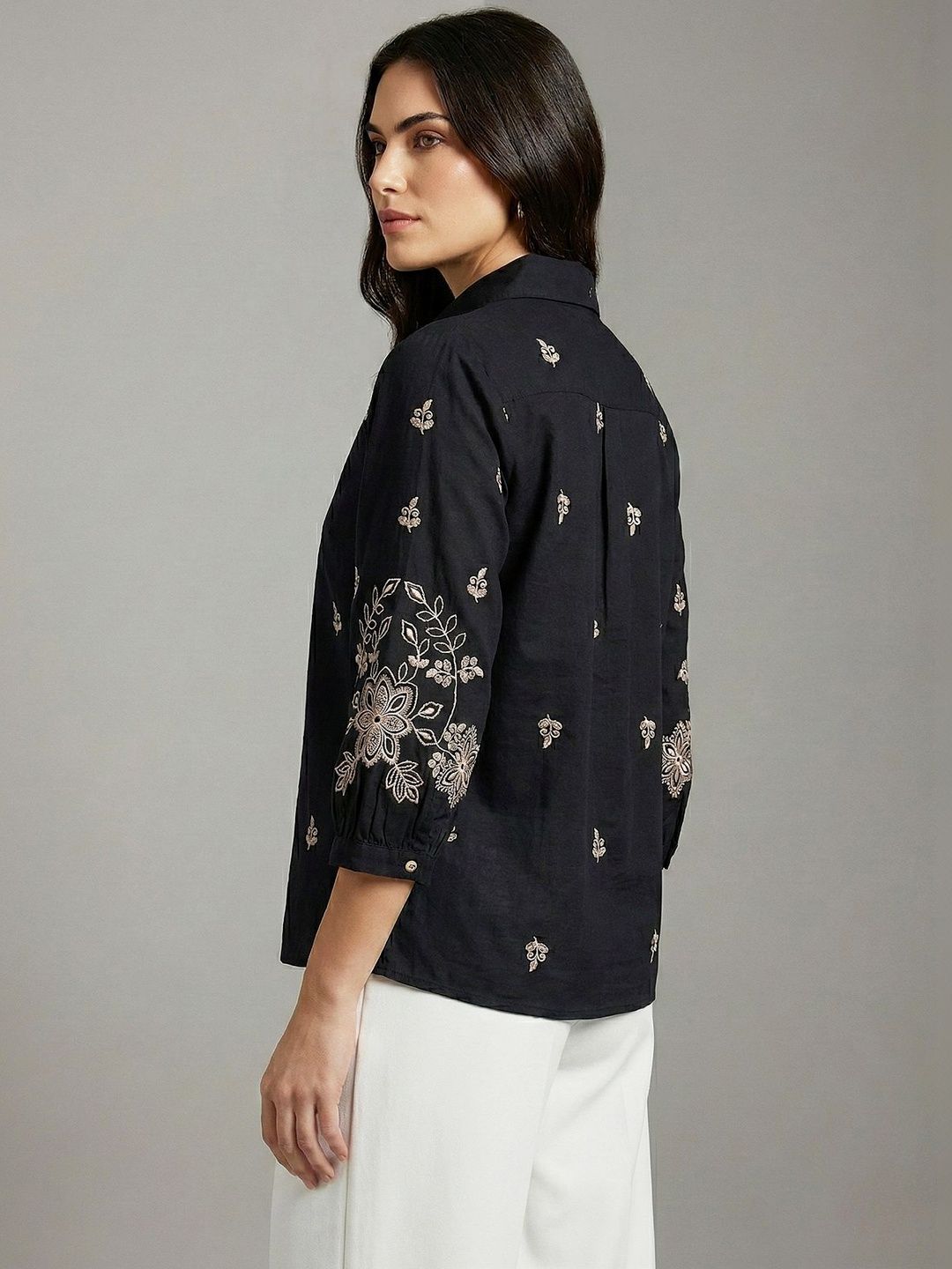 Women Shirt Collar Embroidered Ethnic Tunic