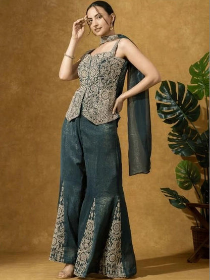 Women Embroidered Top with Palazzos & Jacket