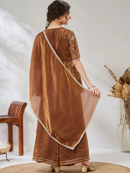 Girls Chocolate Brown Embroidered Peplum Kurta And Plazzo With Dupatta Set