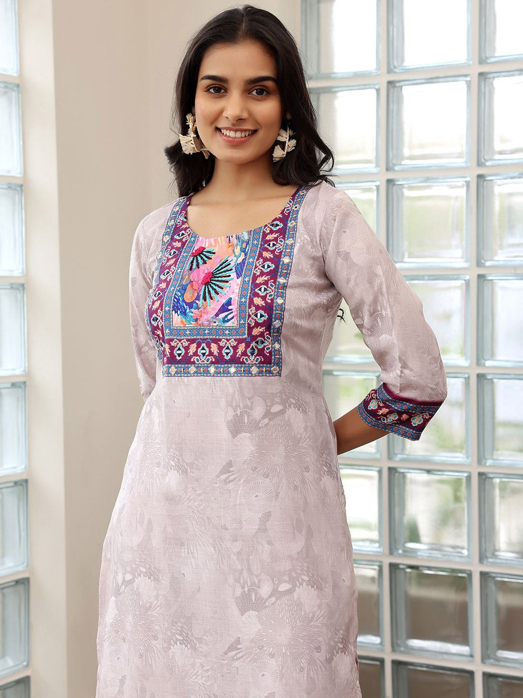 Floral Printed Regular Mirror Work Linen Straight Kurta with Trousers & Dupatta