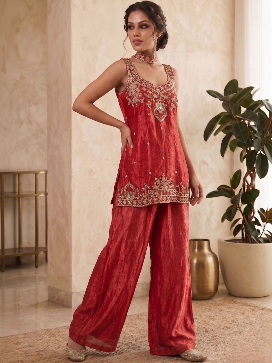 Women Ethnic Motifs Embroidered Regular Thread Work Raw Silk Kurta with Palazzos & With Dupatta