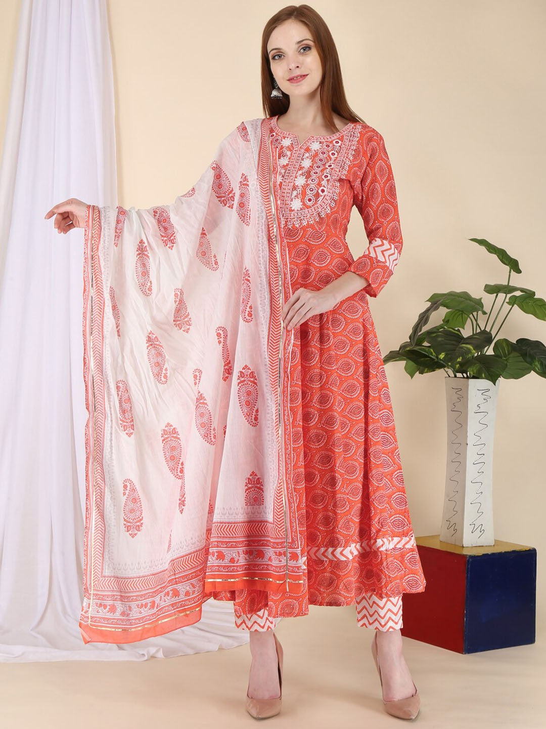 Women Peach-Coloured Ethnic Motifs Embroidered Mirror Work Pure Cotton Kurta with Trousers & With Dupatta