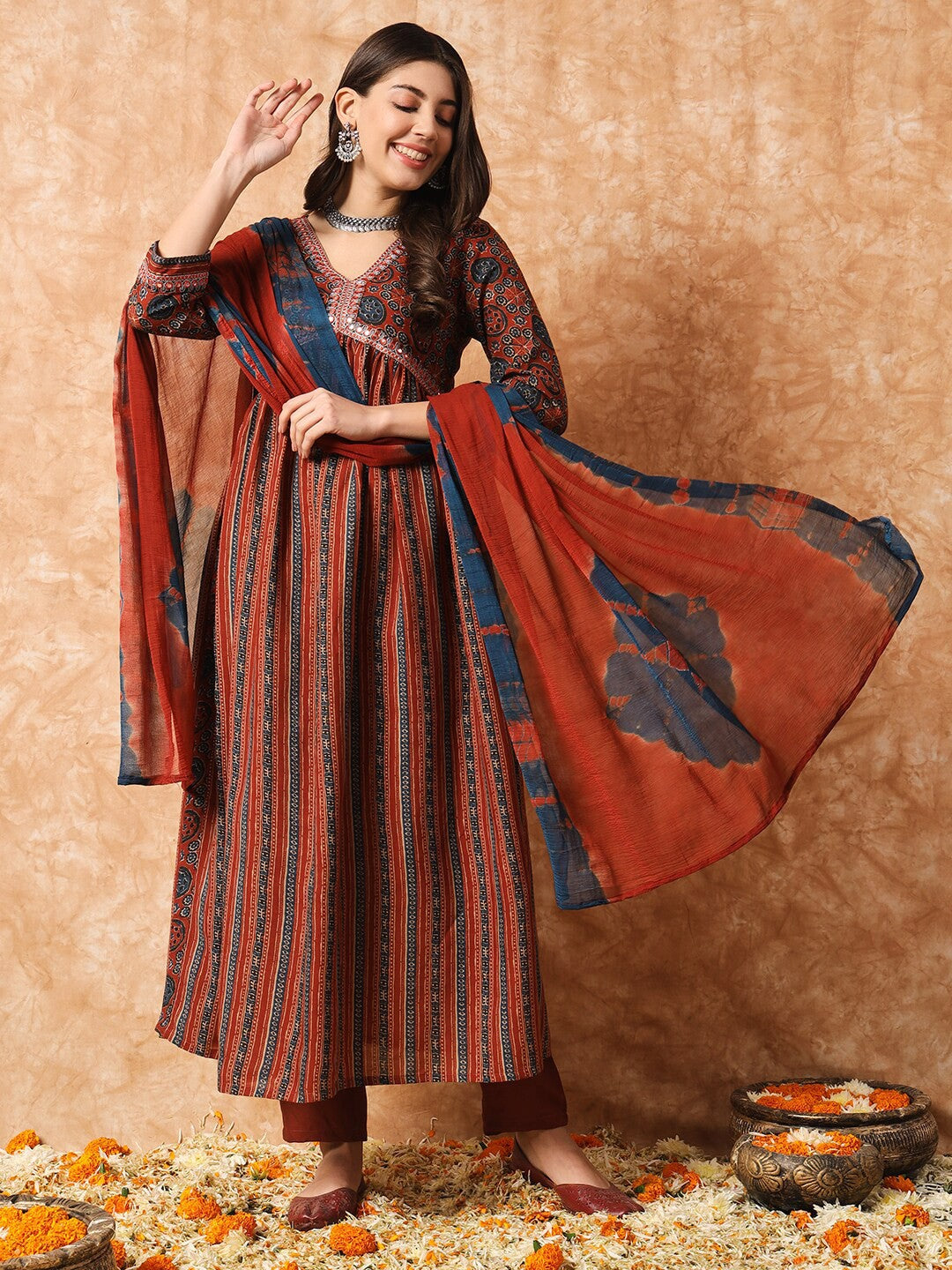 Ethnic Motifs Printed Mirror Work Empire Pure Cotton Kurta with Trousers & Dupatta