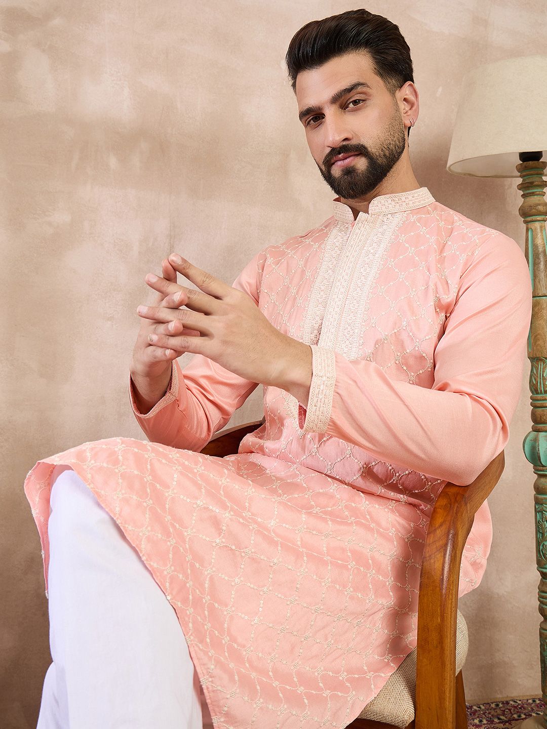 Embroidered Mandarin Collar Kurta & Trousers Kurta Sets