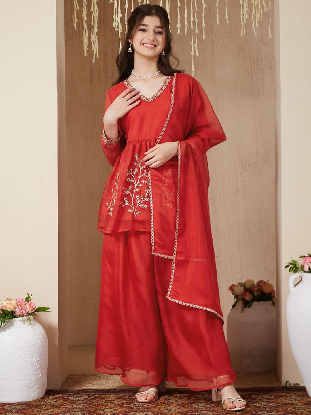 Girls Organza Embroidered Short Kurta and Palazzo Set With Dupatta