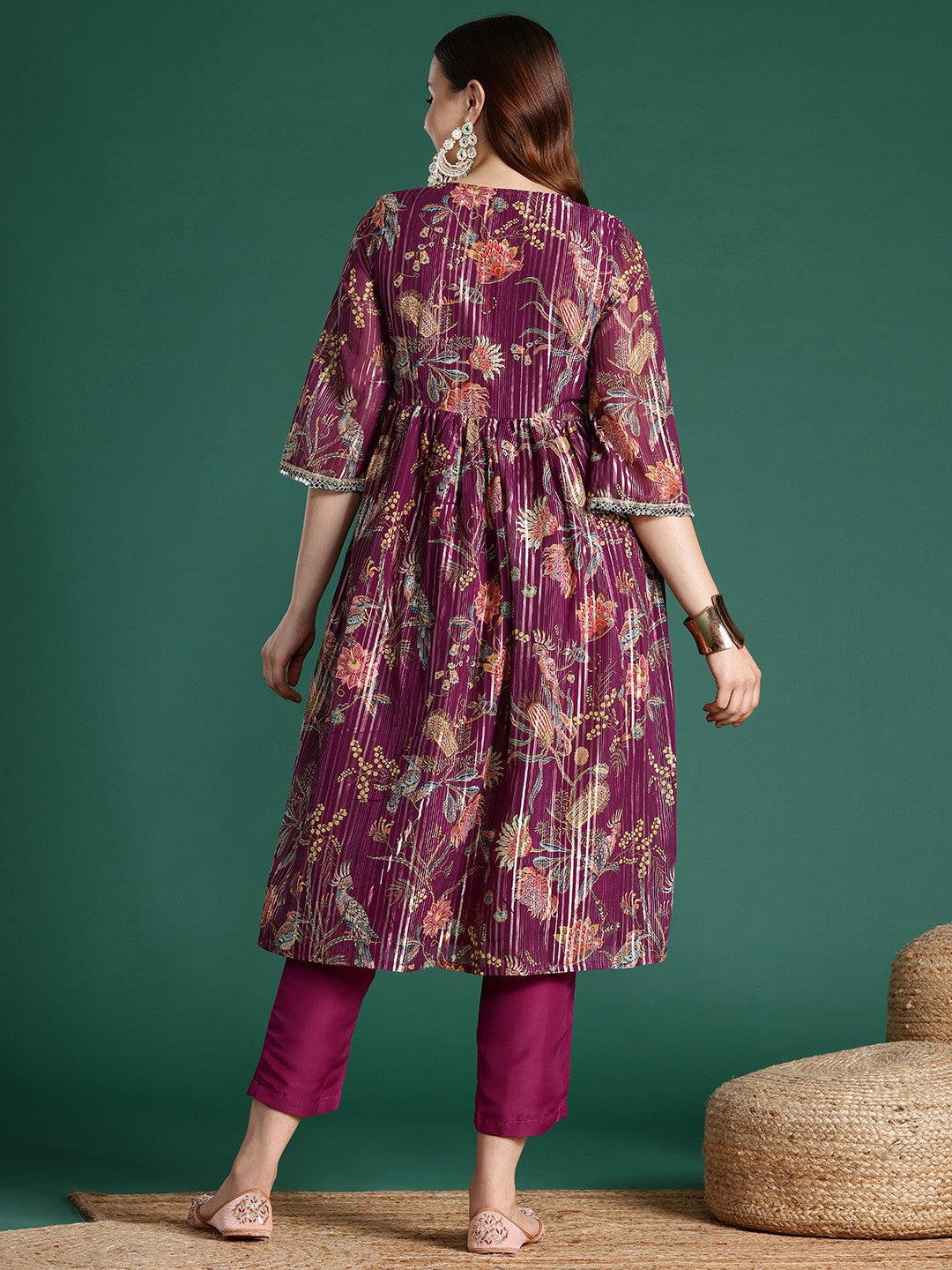 Mirror Work Lurex with Foil Floral Printed Kurta & Trousers