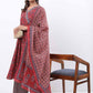 Red & Blue Floral Printed Angrakha Kurta With Palazzos & Dupatta