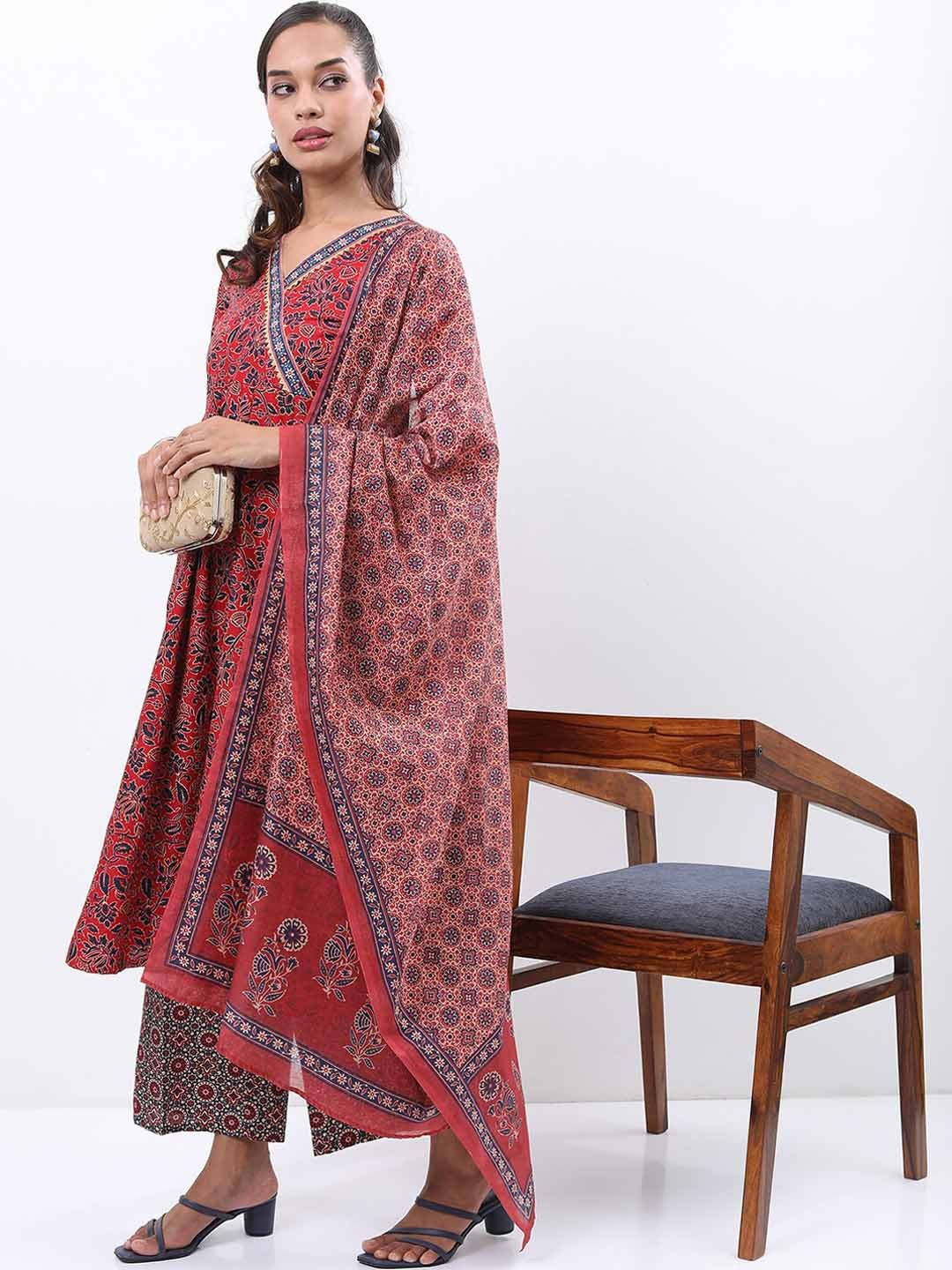 Red & Blue Floral Printed Angrakha Kurta With Palazzos & Dupatta