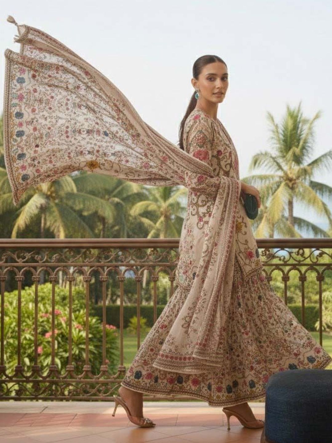 Women Floral Printed Regular Silk Crepe Kurta with Sharara & With Dupatta