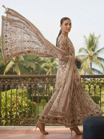 Women Floral Printed Regular Silk Crepe Kurta with Sharara & With Dupatta
