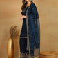 Blue Yoke Design Straight Kurta with Trousers & Dupatta