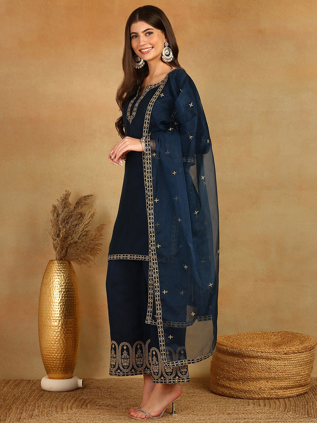 Blue Yoke Design Straight Kurta with Trousers & Dupatta