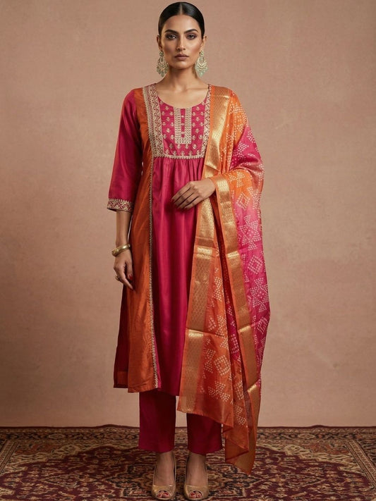 Women Ethnic Motifs Embroidered Regular Thread Work Kurta with Trousers & With Dupatta