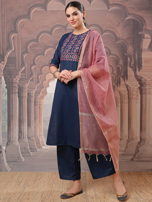 Embroidered Regular Thread Work Kurta with Palazzos & With Dupatta