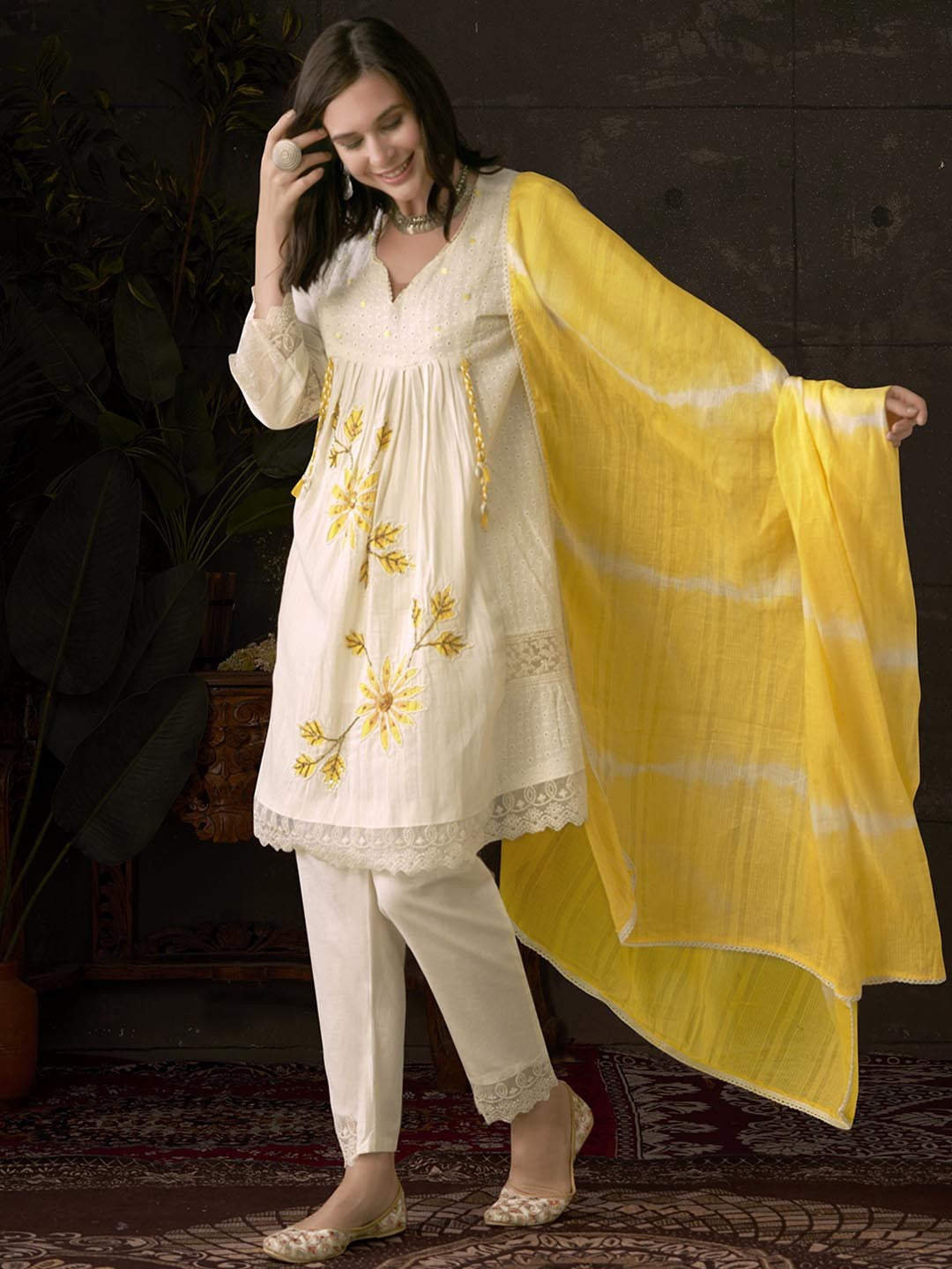 Embroidered Pleated Chikankari Pure Cotton A-Line Kurta With Trousers & Dupatta