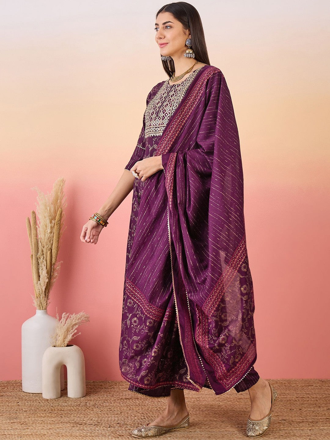 Burgundy Floral Printed Thread Work Anarkali Kurta With Trouser & Dupatta