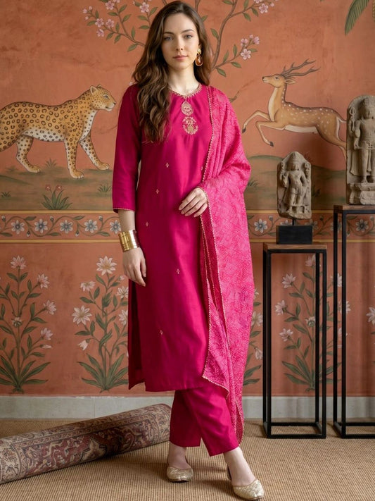 Women Ethnic Motifs Embroidered Regular Thread Work Kurta with Trousers & With Dupatta