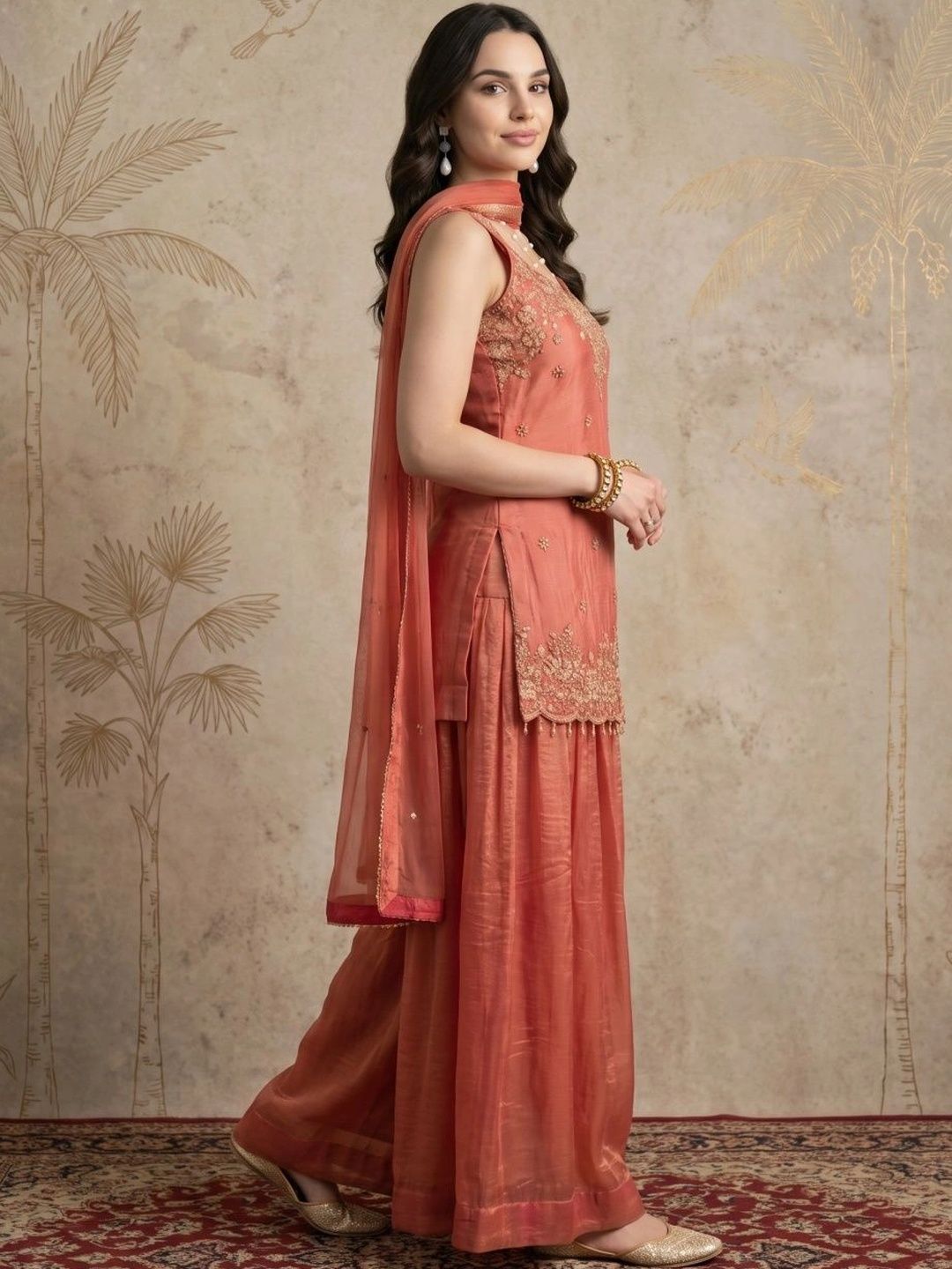 Women Ethnic Motifs Embroidered Regular Thread Work Kurta with Sharara & With Dupatta