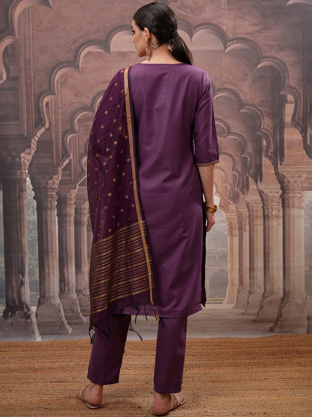 Purple Embroidered Round Neck Straight Kurta with Trouser & Dupatta