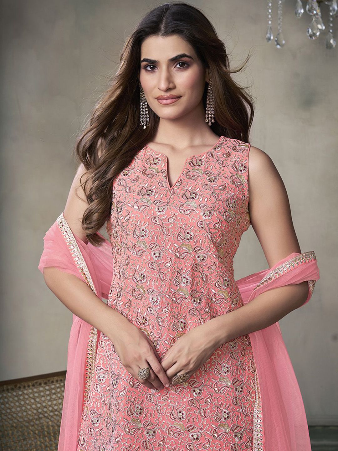 Paisley Embroidered Notch Neck Georgette Straight Kurta & Sharara with Dupatta